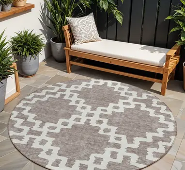 8' Taupe And Ivory Round Geometric Washable Indoor Outdoor Area Rug