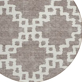 8' Taupe And Ivory Round Geometric Washable Indoor Outdoor Area Rug