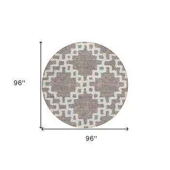 8' Taupe And Ivory Round Geometric Washable Indoor Outdoor Area Rug
