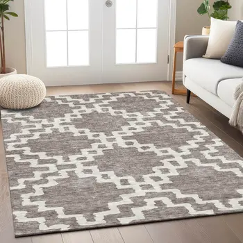 8' X 10' Taupe And Ivory Geometric Washable Indoor Outdoor Area Rug