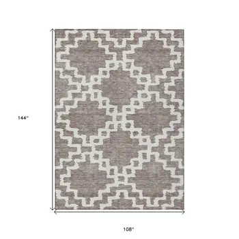 9' X 12' Taupe And Ivory Geometric Washable Indoor Outdoor Area Rug