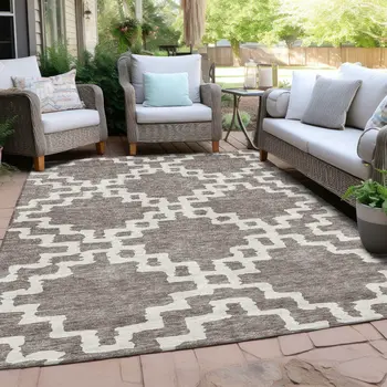9' X 12' Taupe And Ivory Geometric Washable Indoor Outdoor Area Rug