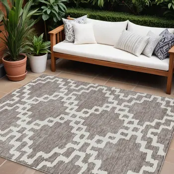 10' X 14' Taupe And Ivory Geometric Washable Indoor Outdoor Area Rug