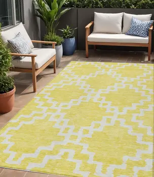 5' X 8' Yellow And Ivory Geometric Washable Indoor Outdoor Area Rug