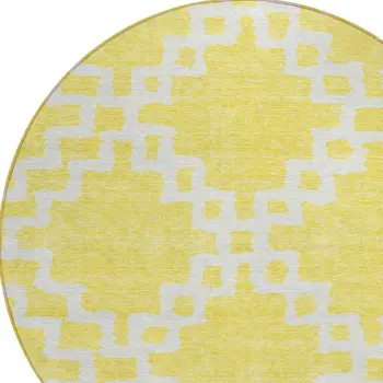 8' Yellow And Ivory Round Geometric Washable Indoor Outdoor Area Rug