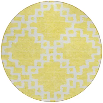 8' Yellow And Ivory Round Geometric Washable Indoor Outdoor Area Rug