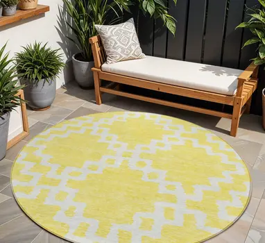 8' Yellow And Ivory Round Geometric Washable Indoor Outdoor Area Rug