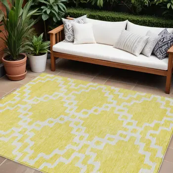 8' X 10' Yellow And Ivory Geometric Washable Indoor Outdoor Area Rug
