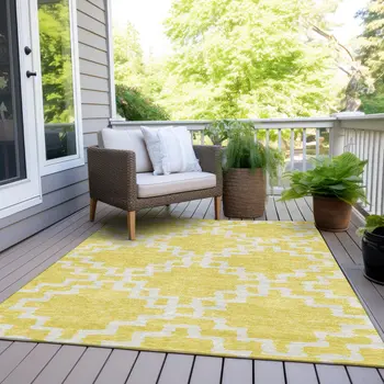8' X 10' Yellow And Ivory Geometric Washable Indoor Outdoor Area Rug