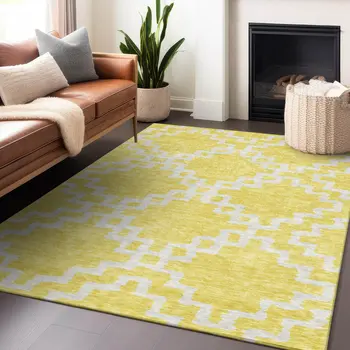 8' X 10' Yellow And Ivory Geometric Washable Indoor Outdoor Area Rug