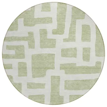 8' Artichoke Green And Ivory Round Abstract Washable Indoor Outdoor Area Rug