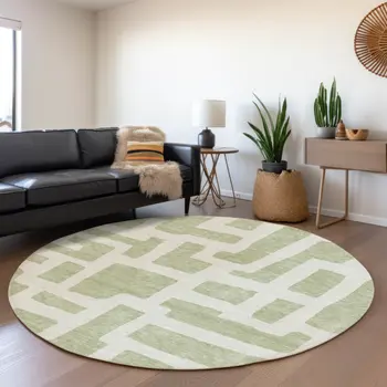 8' Artichoke Green And Ivory Round Abstract Washable Indoor Outdoor Area Rug