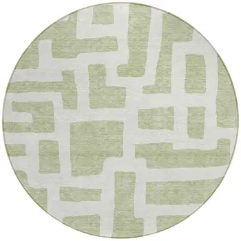 8' Artichoke Green And Ivory Round Abstract Washable Indoor Outdoor Area Rug