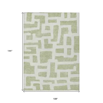9' X 12' Artichoke Green And Ivory Abstract Washable Indoor Outdoor Area Rug