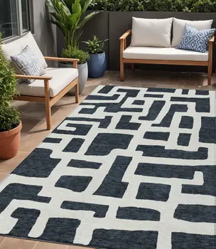 5' X 8' Black And Ivory Abstract Washable Indoor Outdoor Area Rug