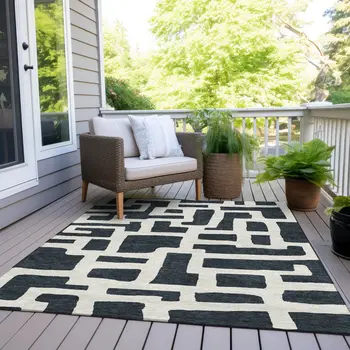 5' X 8' Black And Ivory Abstract Washable Indoor Outdoor Area Rug