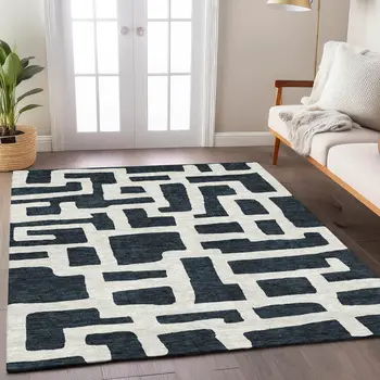 5' X 8' Black And Ivory Abstract Washable Indoor Outdoor Area Rug