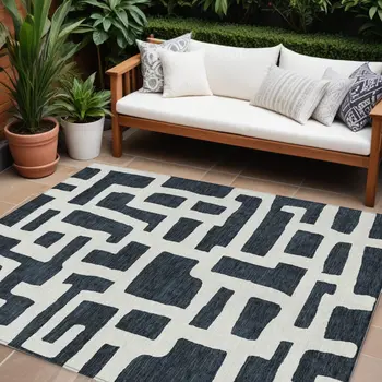 8' X 10' Black And Ivory Abstract Washable Indoor Outdoor Area Rug