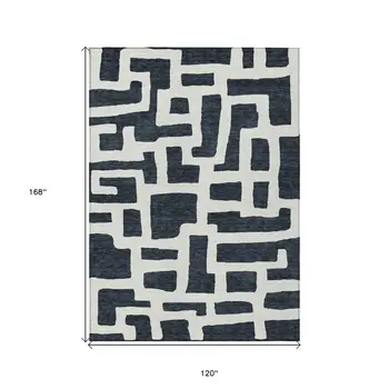 10' X 14' Black And Ivory Abstract Washable Indoor Outdoor Area Rug