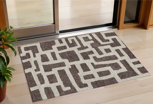 3' X 5' Brown And Beige Abstract Washable Indoor Outdoor Area Rug