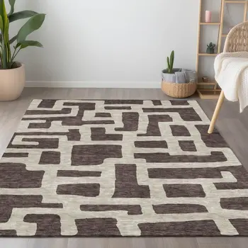 3' X 5' Brown And Beige Abstract Washable Indoor Outdoor Area Rug