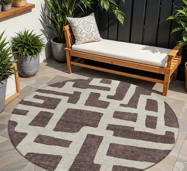 8' Brown And Beige Round Abstract Washable Indoor Outdoor Area Rug