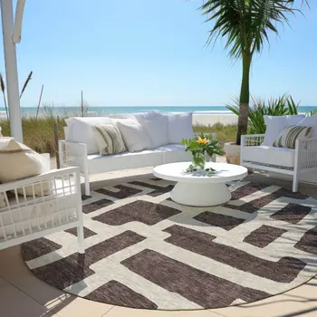 8' Brown And Beige Round Abstract Washable Indoor Outdoor Area Rug
