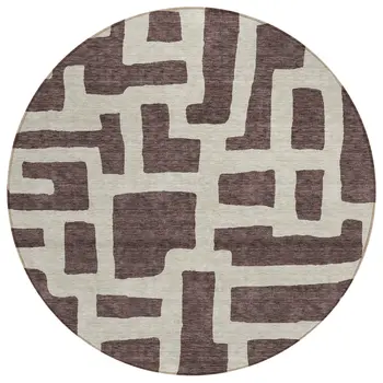 8' Brown And Beige Round Abstract Washable Indoor Outdoor Area Rug