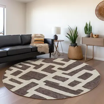8' Brown And Beige Round Abstract Washable Indoor Outdoor Area Rug