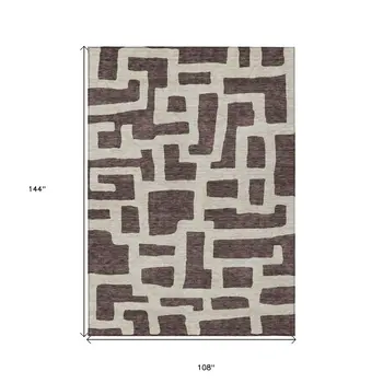 9' X 12' Brown And Beige Abstract Washable Indoor Outdoor Area Rug