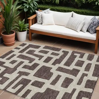 10' X 14' Brown And Beige Abstract Washable Indoor Outdoor Area Rug