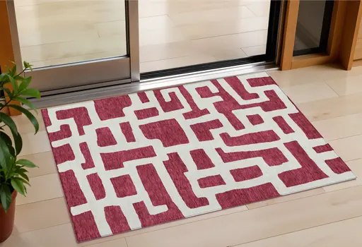 3' X 5' Red And Ivory Abstract Washable Indoor Outdoor Area Rug