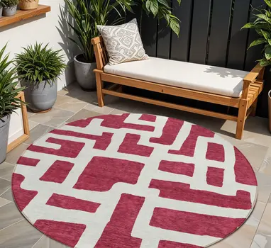 8' Red And Ivory Round Abstract Washable Indoor Outdoor Area Rug
