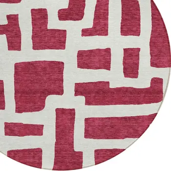 8' Red And Ivory Round Abstract Washable Indoor Outdoor Area Rug