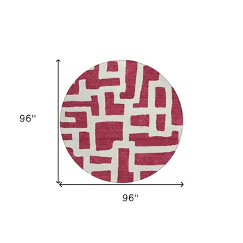 8' Red And Ivory Round Abstract Washable Indoor Outdoor Area Rug