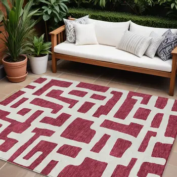 8' X 10' Red And Ivory Abstract Washable Indoor Outdoor Area Rug