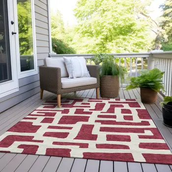 8' X 10' Red And Ivory Abstract Washable Indoor Outdoor Area Rug