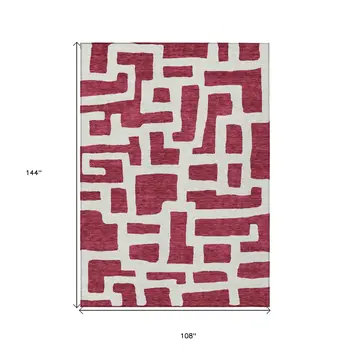 9' X 12' Red And Ivory Abstract Washable Indoor Outdoor Area Rug
