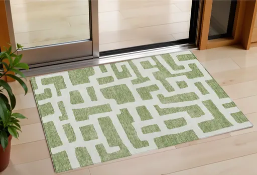 3' X 5' Green And Ivory Abstract Washable Indoor Outdoor Area Rug