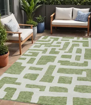 5' X 8' Green And Ivory Abstract Washable Indoor Outdoor Area Rug