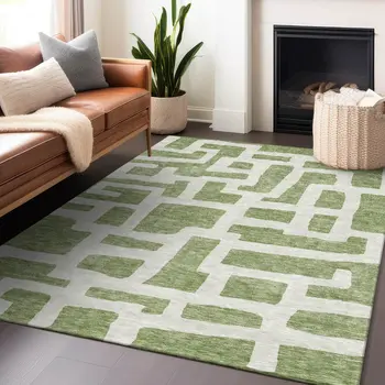5' X 8' Green And Ivory Abstract Washable Indoor Outdoor Area Rug