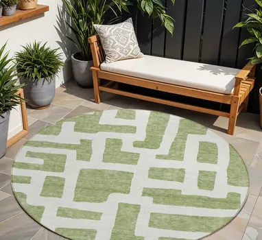 8' Green And Ivory Round Abstract Washable Indoor Outdoor Area Rug