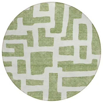 8' Green And Ivory Round Abstract Washable Indoor Outdoor Area Rug