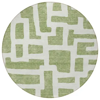 8' Green And Ivory Round Abstract Washable Indoor Outdoor Area Rug