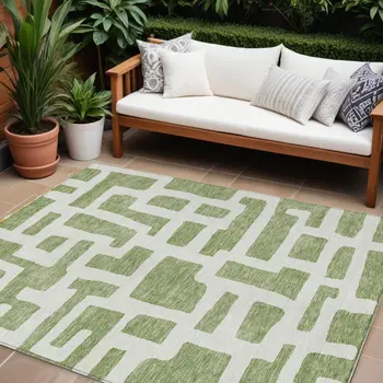 10' X 14' Green And Ivory Abstract Washable Indoor Outdoor Area Rug