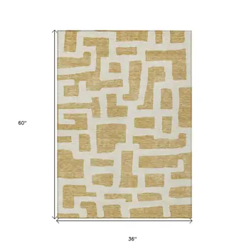 3' X 5' Gold And Ivory Abstract Washable Indoor Outdoor Area Rug