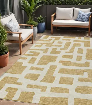 5' X 8' Gold And Ivory Abstract Washable Indoor Outdoor Area Rug