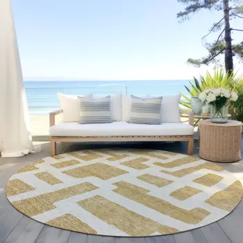 8' Gold And Ivory Round Abstract Washable Indoor Outdoor Area Rug