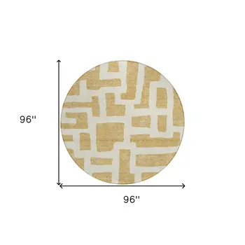 8' Gold And Ivory Round Abstract Washable Indoor Outdoor Area Rug