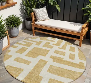 8' Gold And Ivory Round Abstract Washable Indoor Outdoor Area Rug